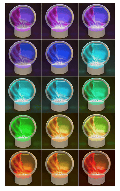 Rotating sand picture, with colour-changing LED