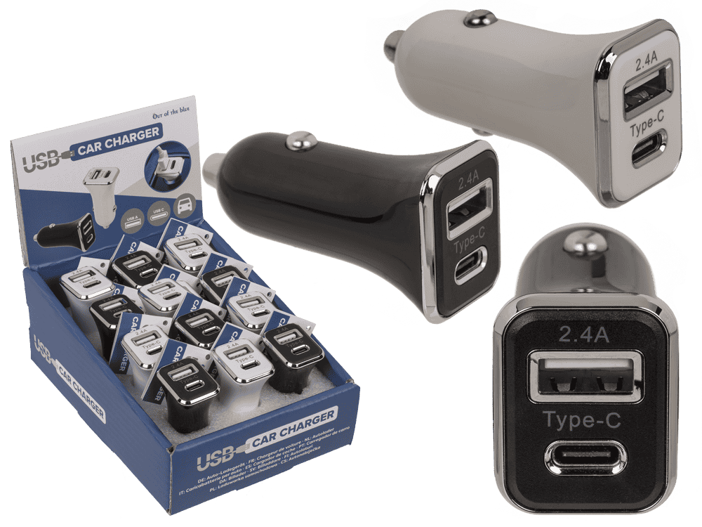 Car charger USB C + USB A, 2 colours ass.,