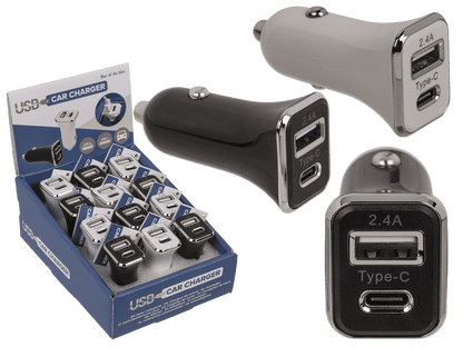 Car charger USB C + USB A, 2 colours ass.,