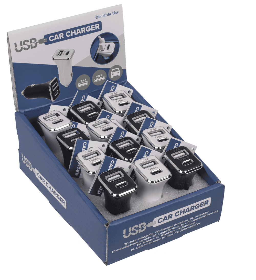 Car charger USB C + USB A, 2 colours ass.,