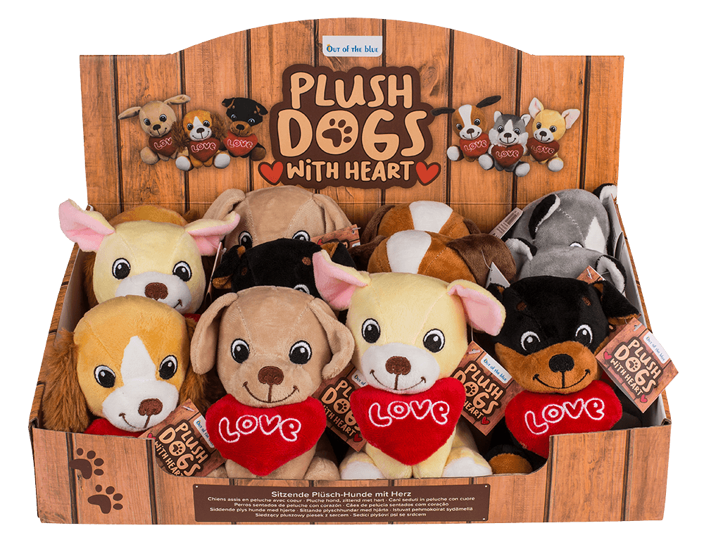 Sitting plush dogs with heart,