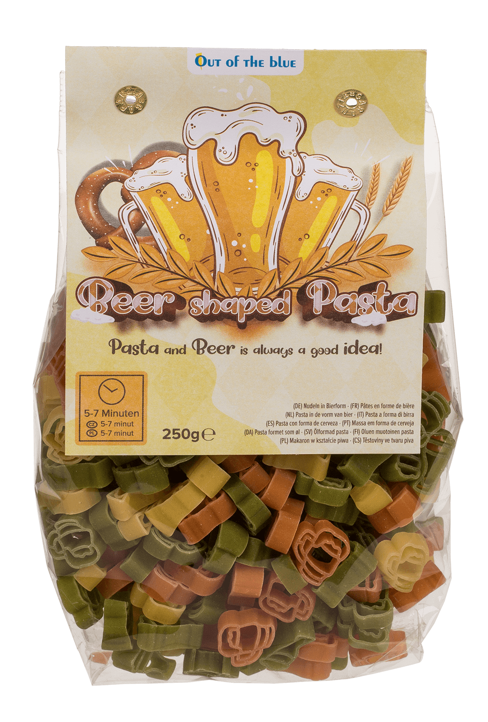 Three coloured durum wheat pasta, Beer shape,