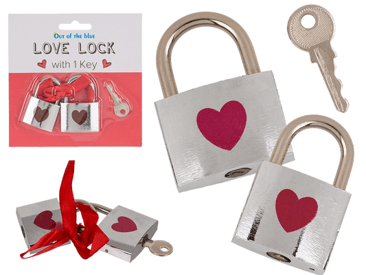 Silver coloured love lock with red heart,