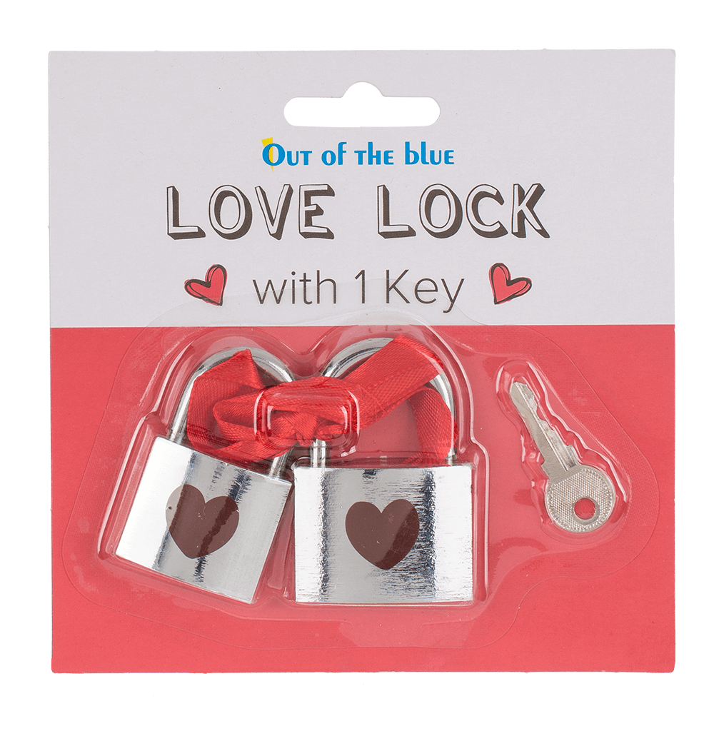 Silver coloured love lock with red heart,
