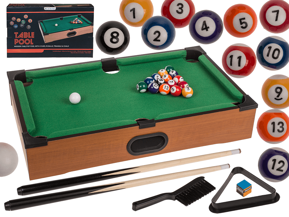 Wooden tabletop pool with 2 cues,