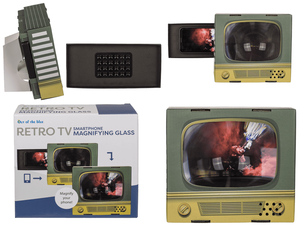 Smartphone magnifying glass, retro television,