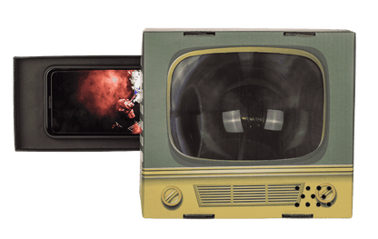 Smartphone magnifying glass, retro television,