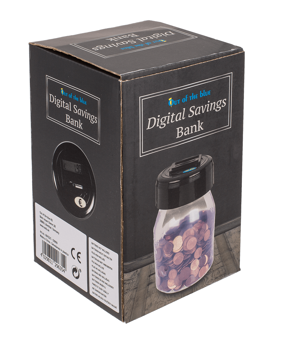 Plastic savings bank with € counter and display,