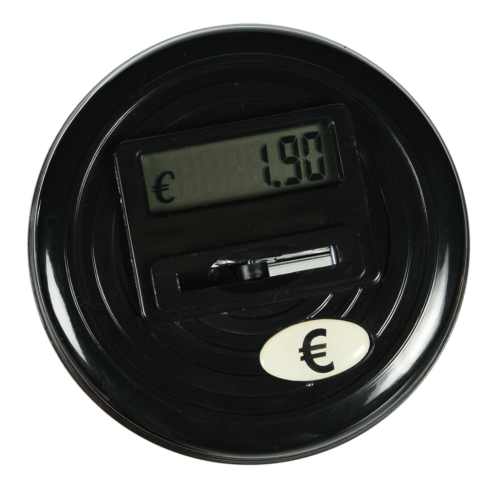 Plastic savings bank with € counter and display,