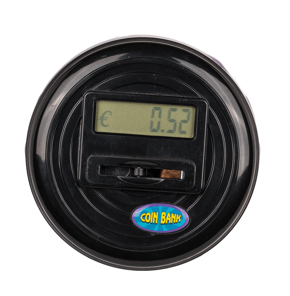 Plastic savings bank with € counter and display,