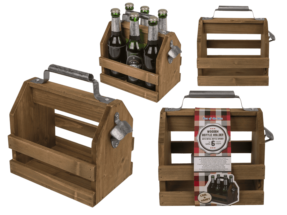 Wooden bottle holder with metal bottle opener,