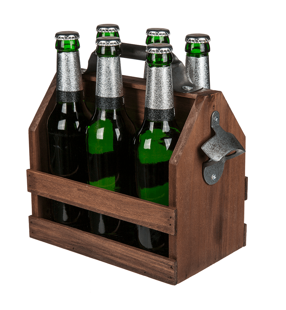 Wooden bottle holder with metal bottle opener,