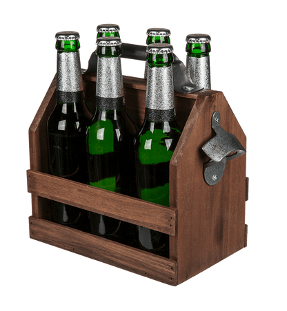 Wooden bottle holder with metal bottle opener,