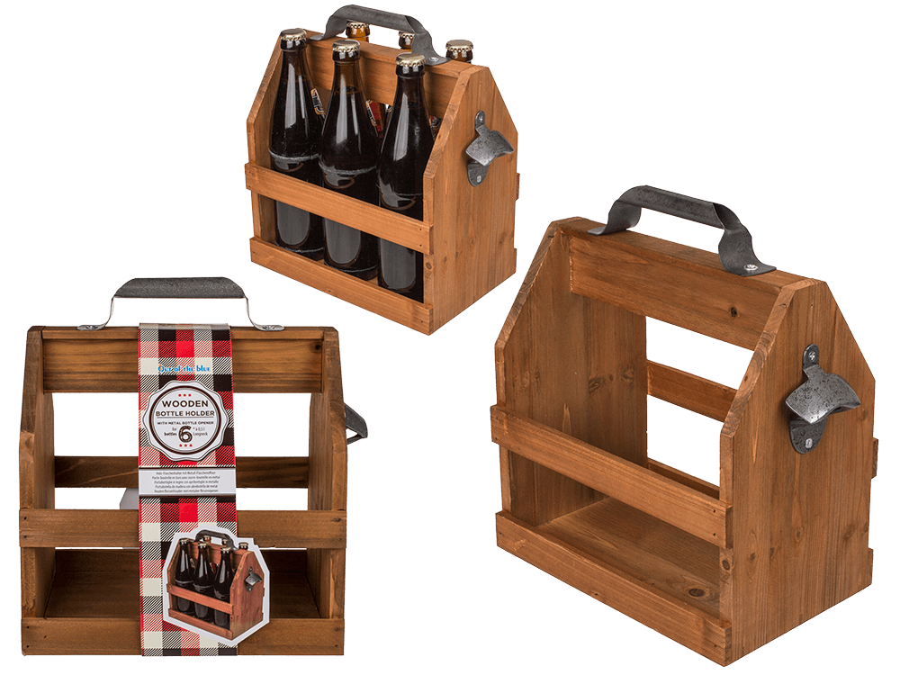 Wooden bottle holder with metal bottle opener,