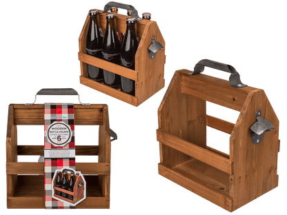 Wooden bottle holder with metal bottle opener,