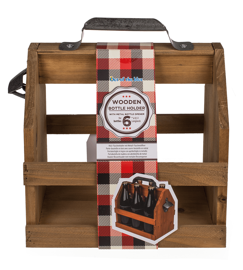 Wooden bottle holder with metal bottle opener,