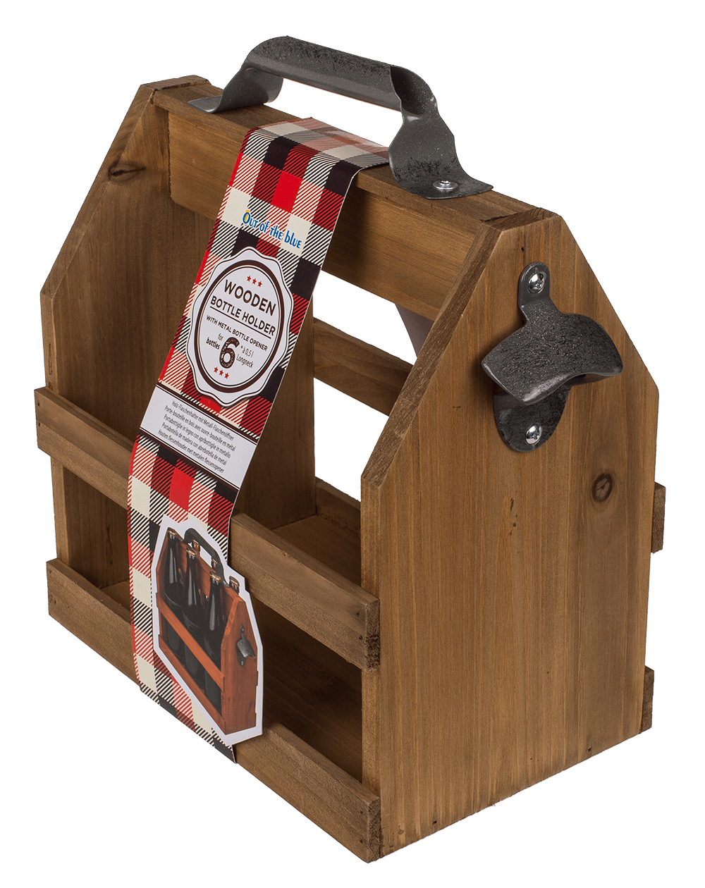 Wooden bottle holder with metal bottle opener,
