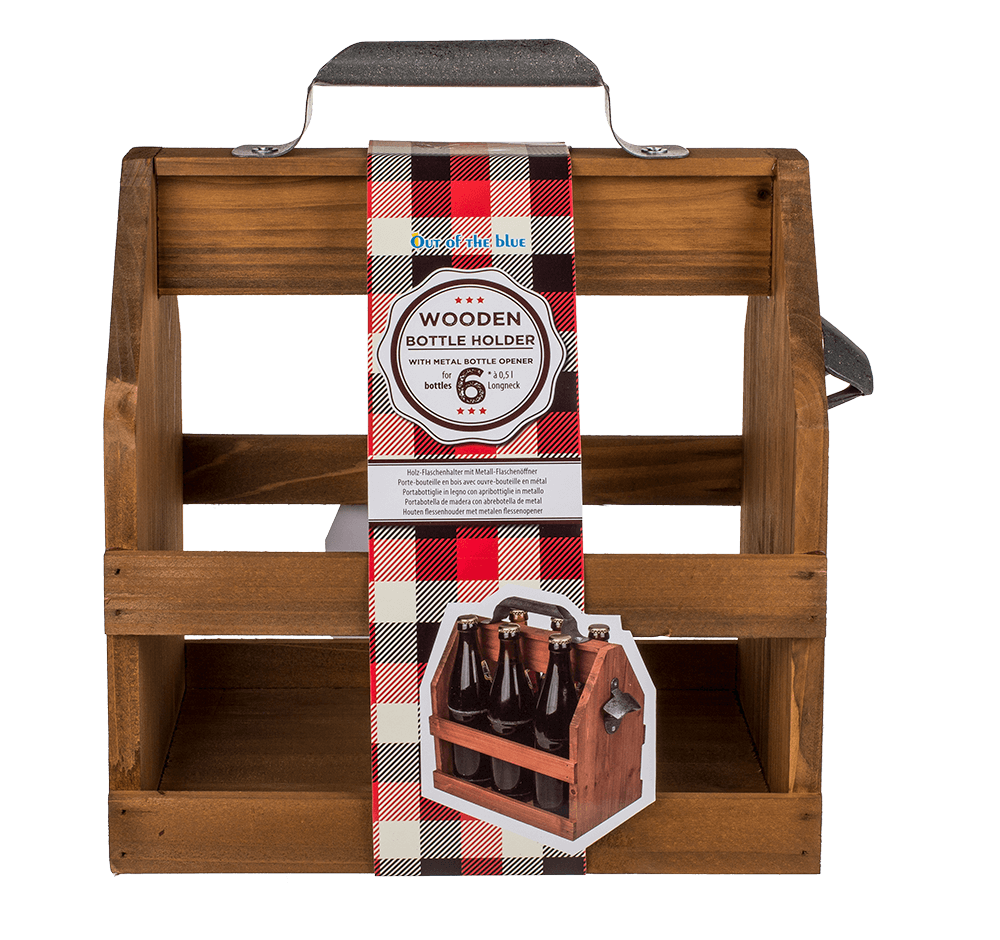 Wooden bottle holder with metal bottle opener,