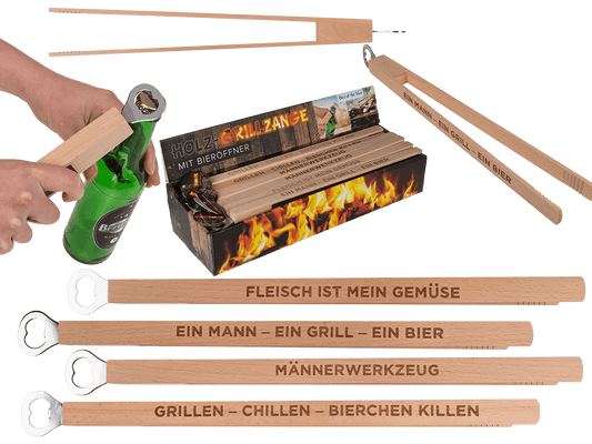 Wooden BBQ-Tongs with bottle opener,