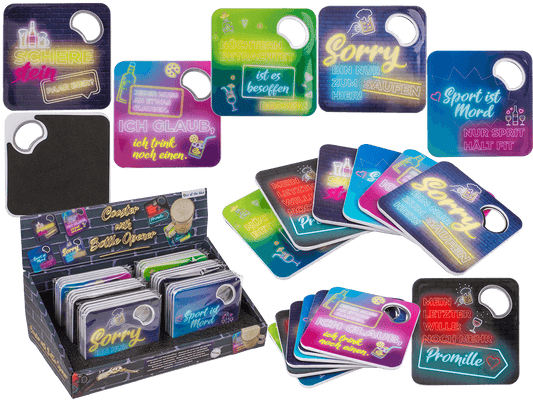 Coaster with bottle opener, German wordings,