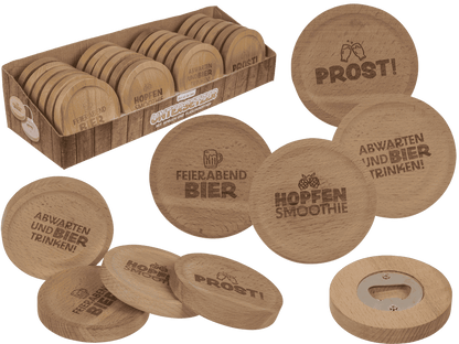 Wooden coaster, with slogan and bottle opener,
