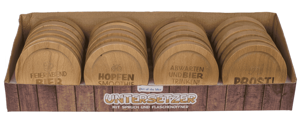 Wooden coaster, with slogan and bottle opener,