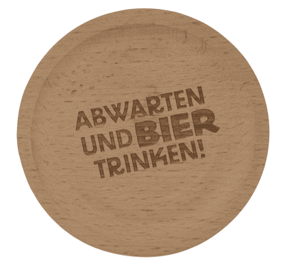 Wooden coaster, with slogan and bottle opener,