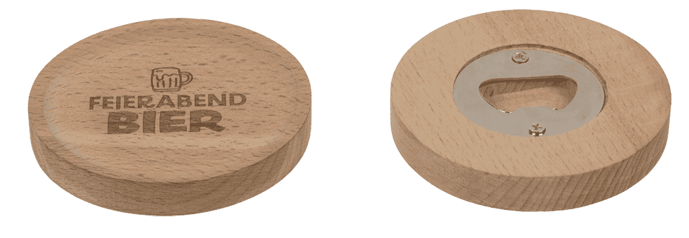Wooden coaster, with slogan and bottle opener,
