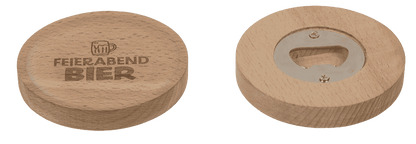 Wooden coaster, with slogan and bottle opener,