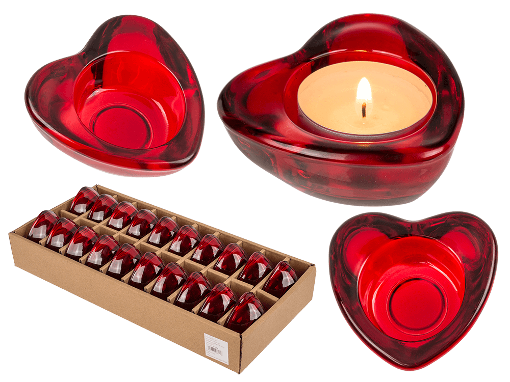 Red glass tealight holder, Heart,