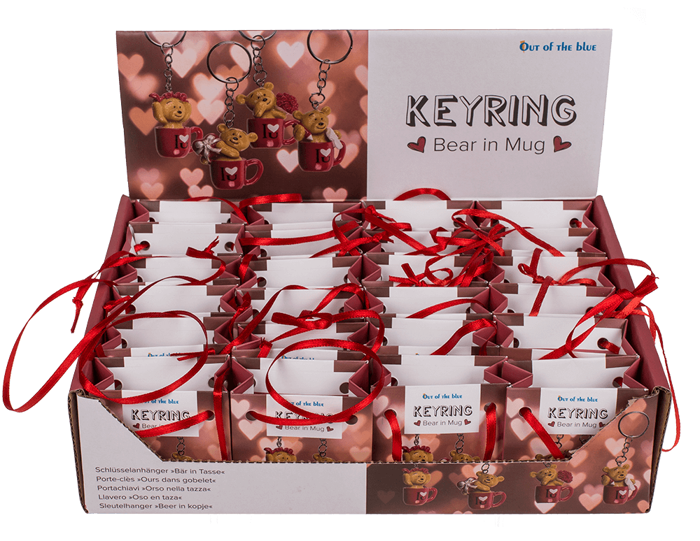 Metal keyring, polyresin bear in mug,