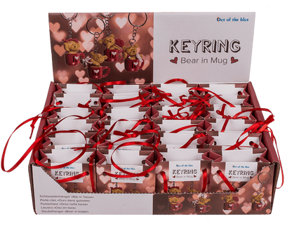 Metal keyring, polyresin bear in mug,