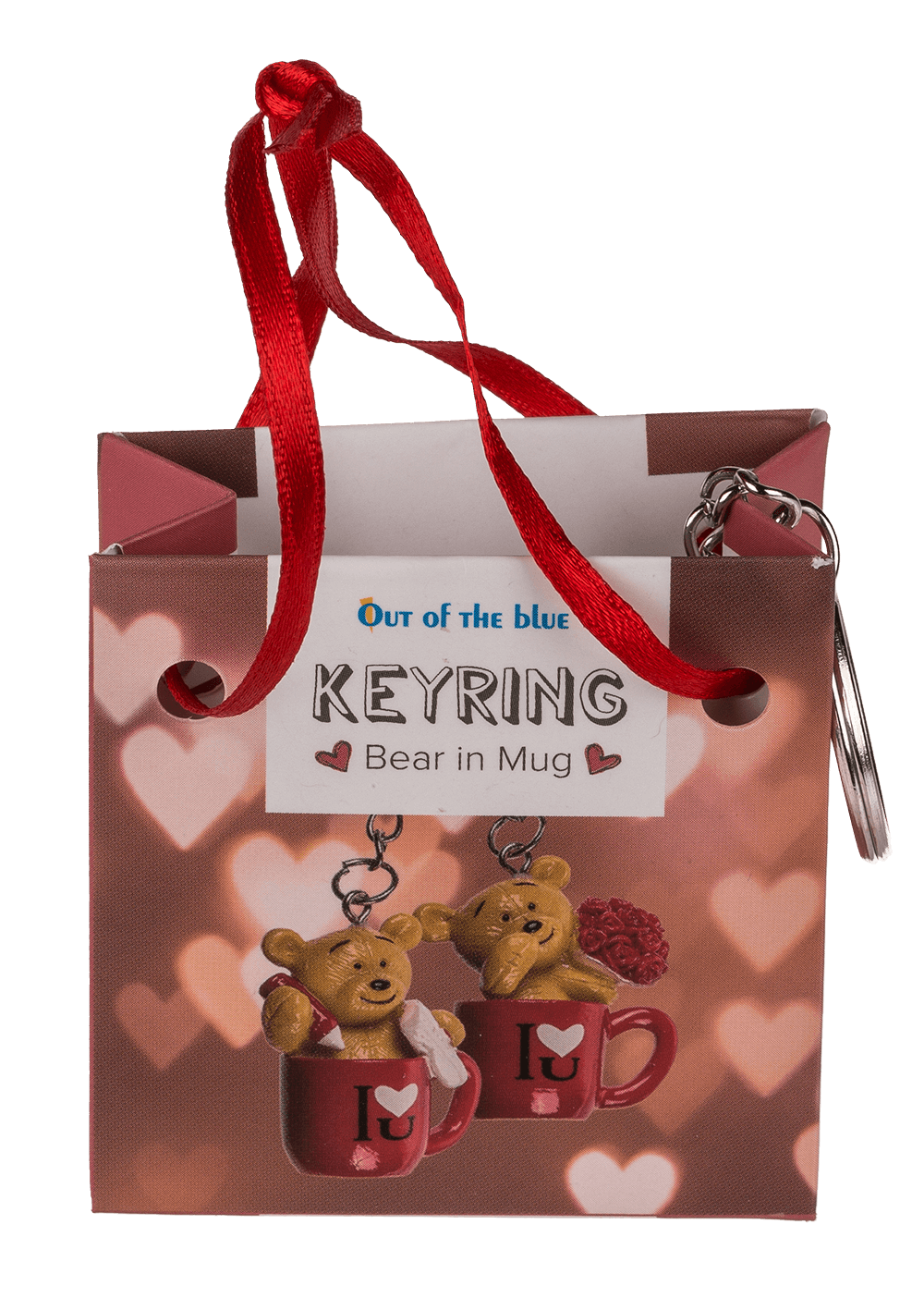 Metal keyring, polyresin bear in mug,