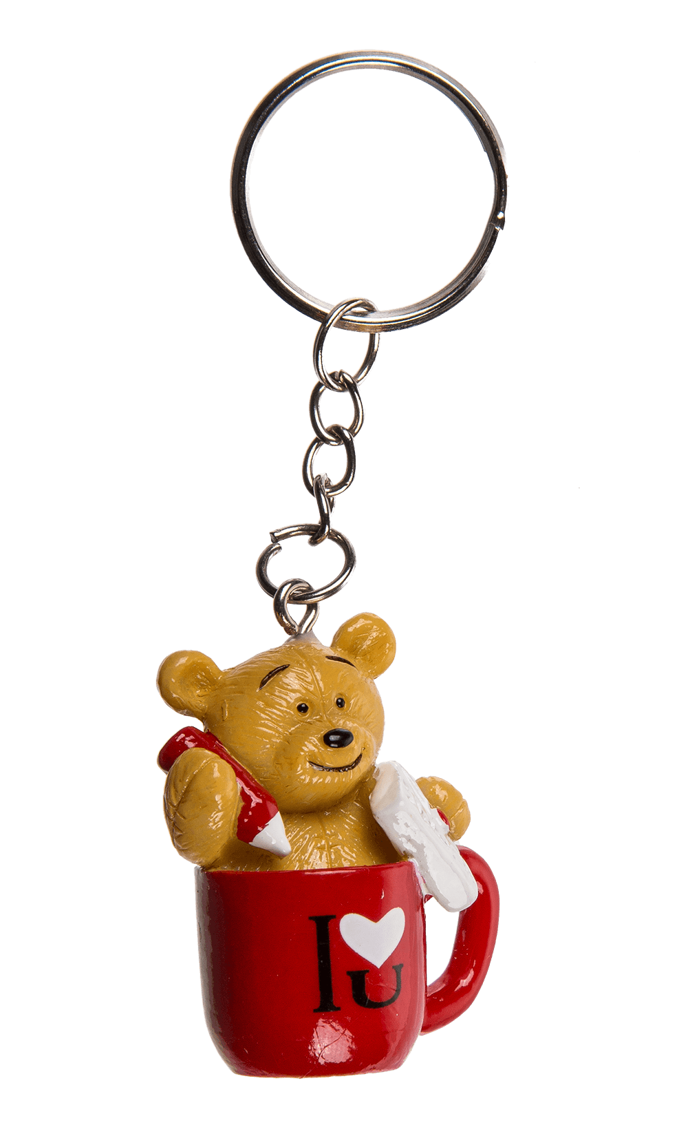 Metal keyring, polyresin bear in mug,