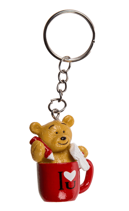 Metal keyring, polyresin bear in mug,