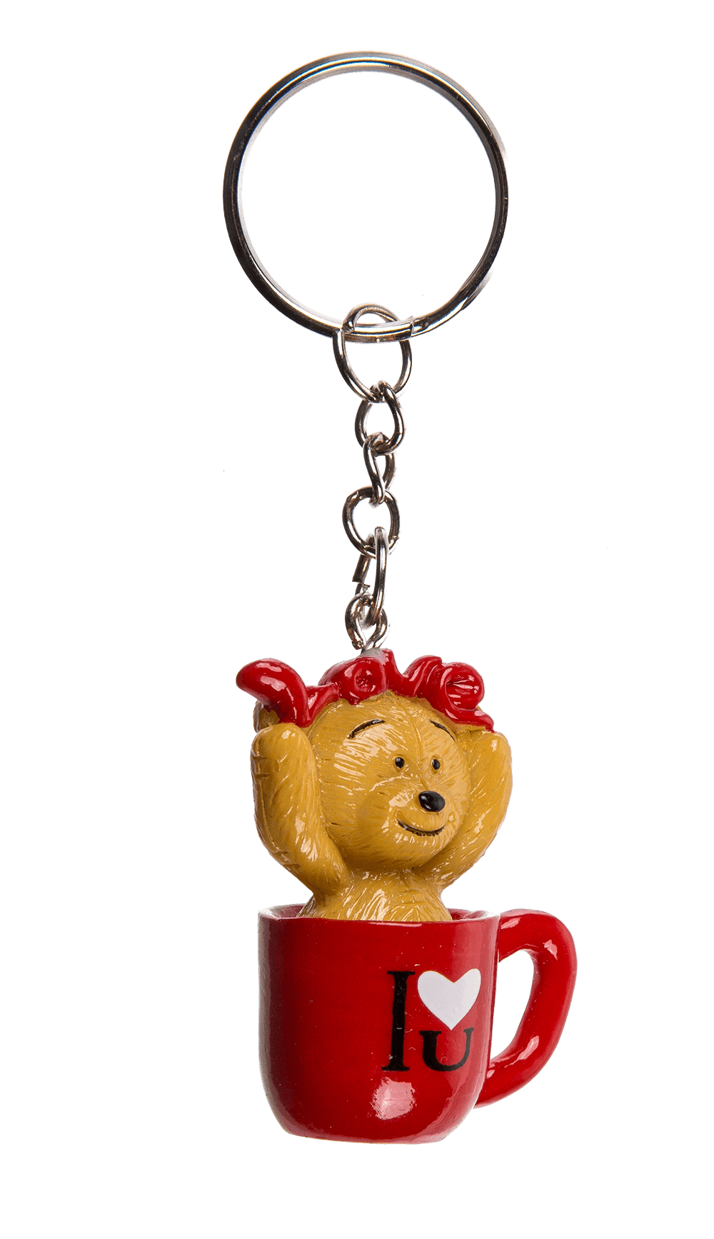 Metal keyring, polyresin bear in mug,