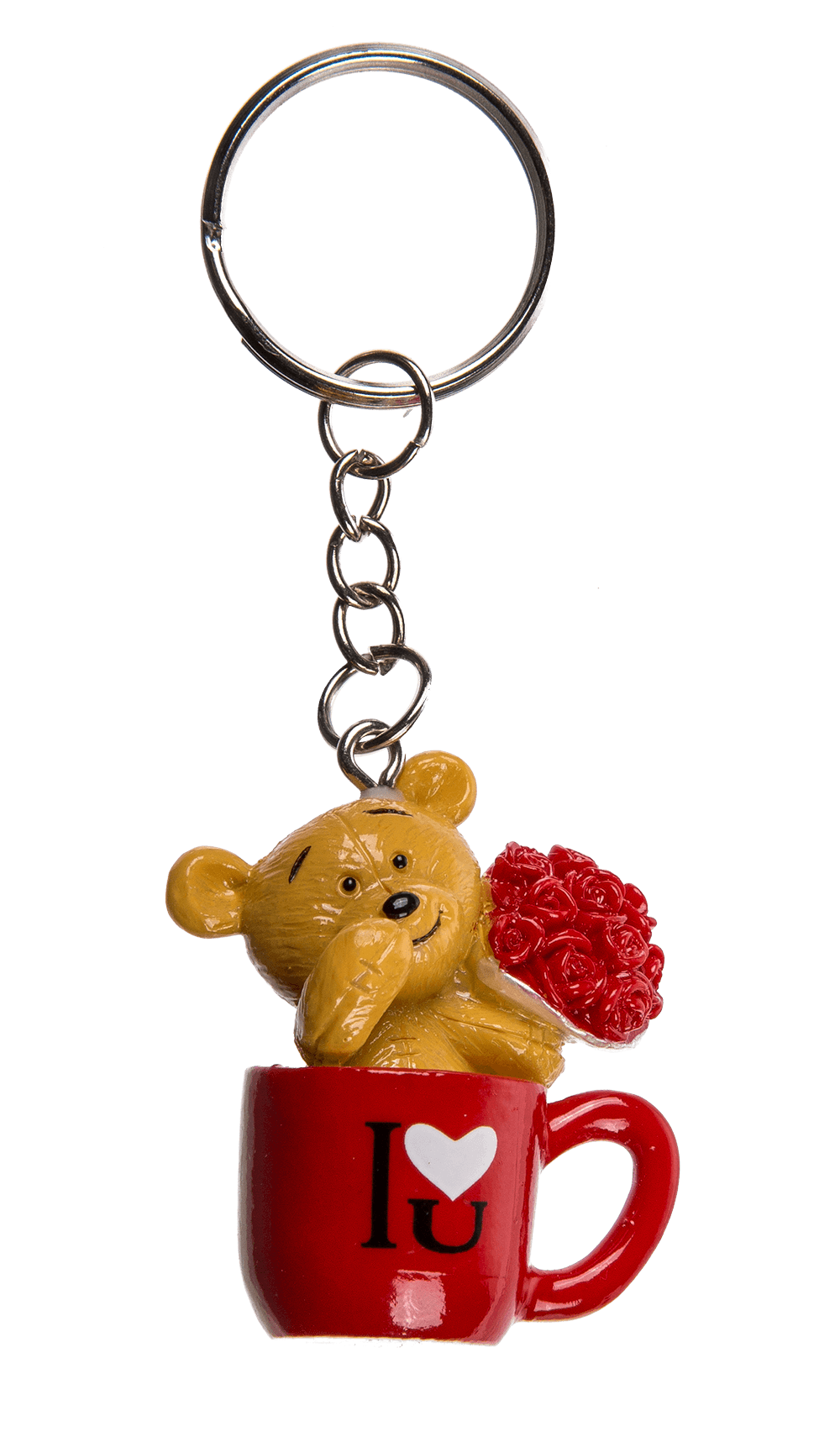 Metal keyring, polyresin bear in mug,