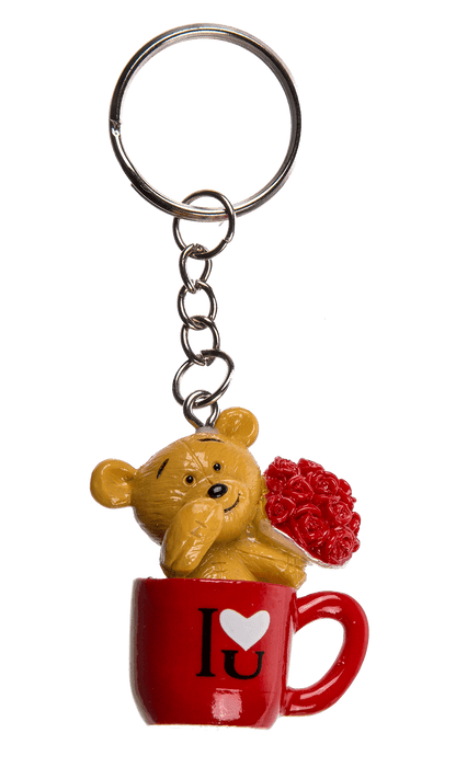 Metal keyring, polyresin bear in mug,