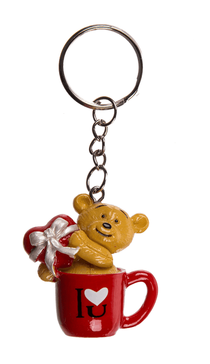 Metal keyring, polyresin bear in mug,