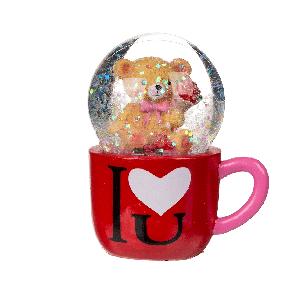 Polyresin glitter globe, bear in mug,