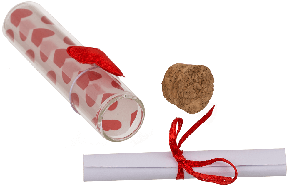 Glass bottle with cork stopper, Love,