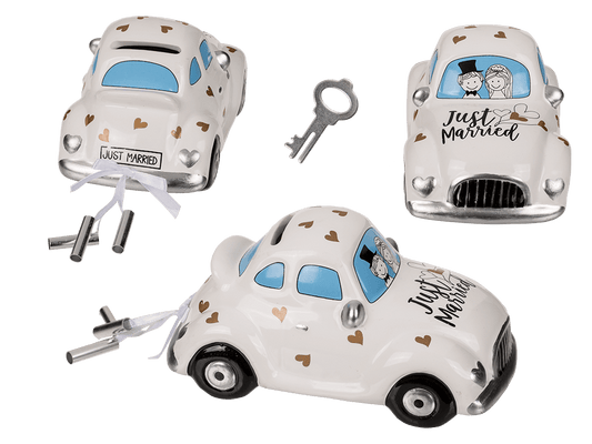Savings box with lock, wedding car, Just Married,