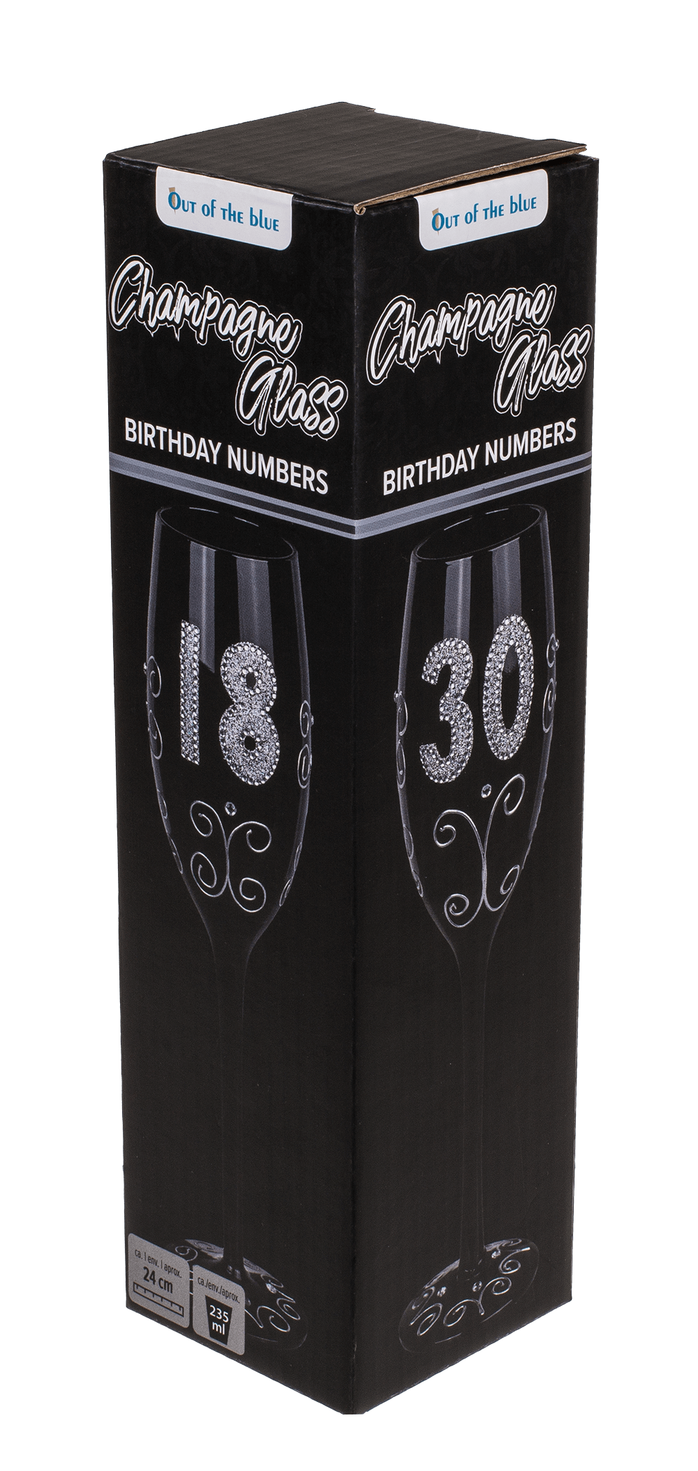 Black champagne glass with silver glitter,