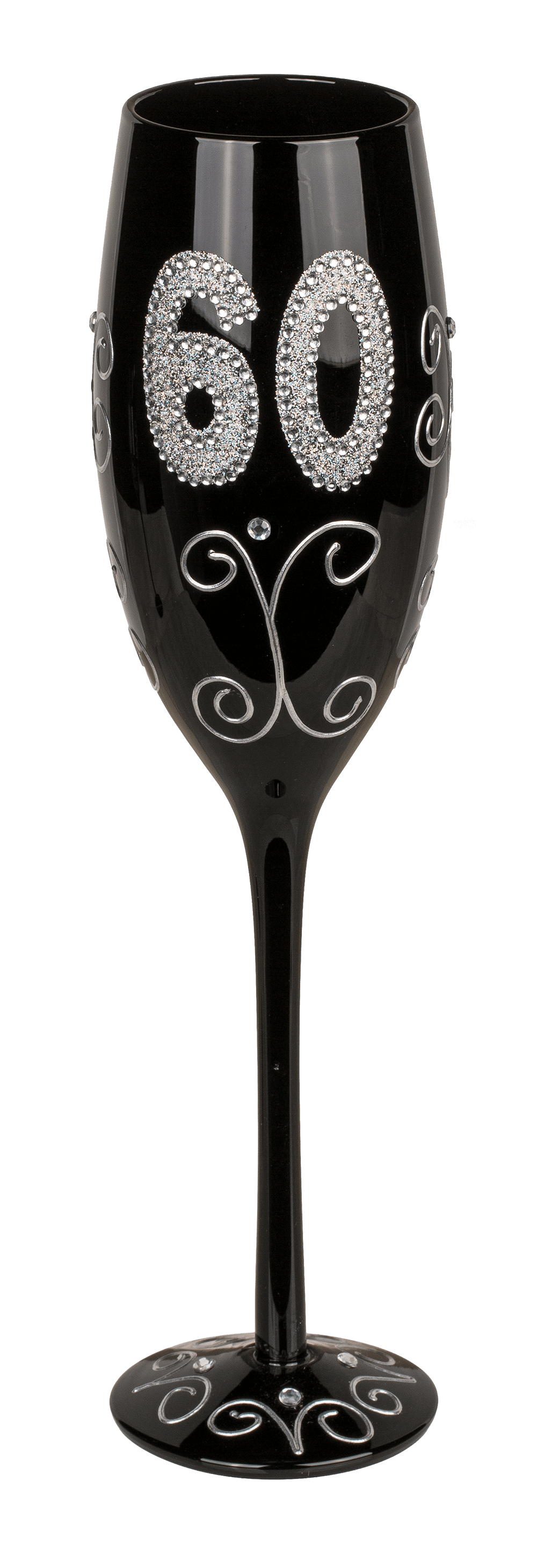 Black champagne glass with silver glitter,