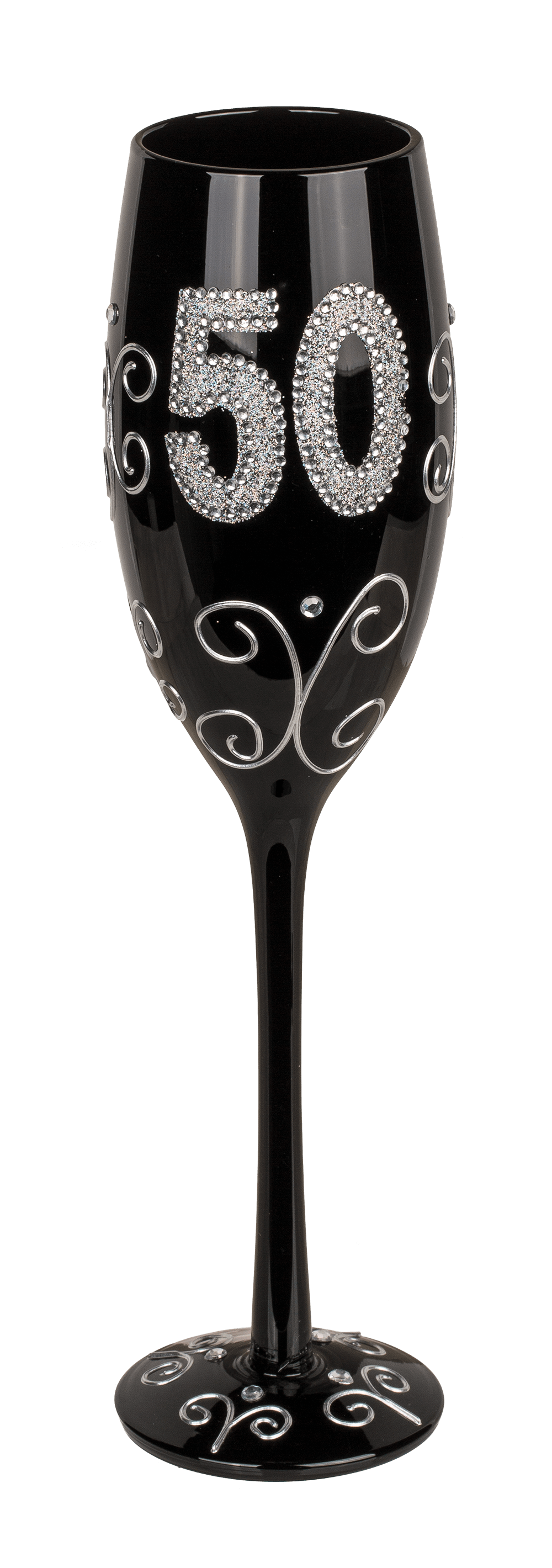 Black champagne glass with silver glitter,