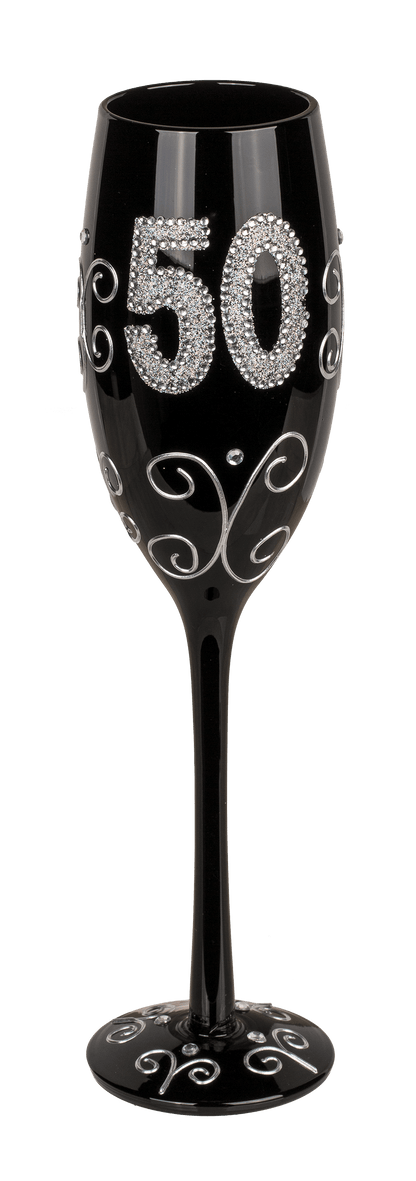 Black champagne glass with silver glitter,