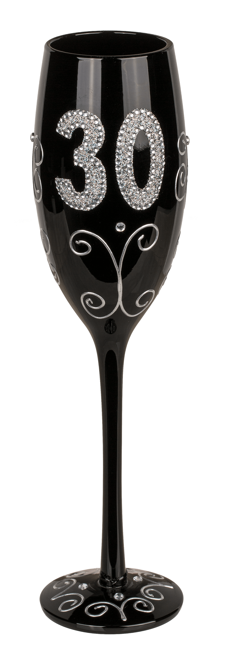 Black champagne glass with silver glitter,