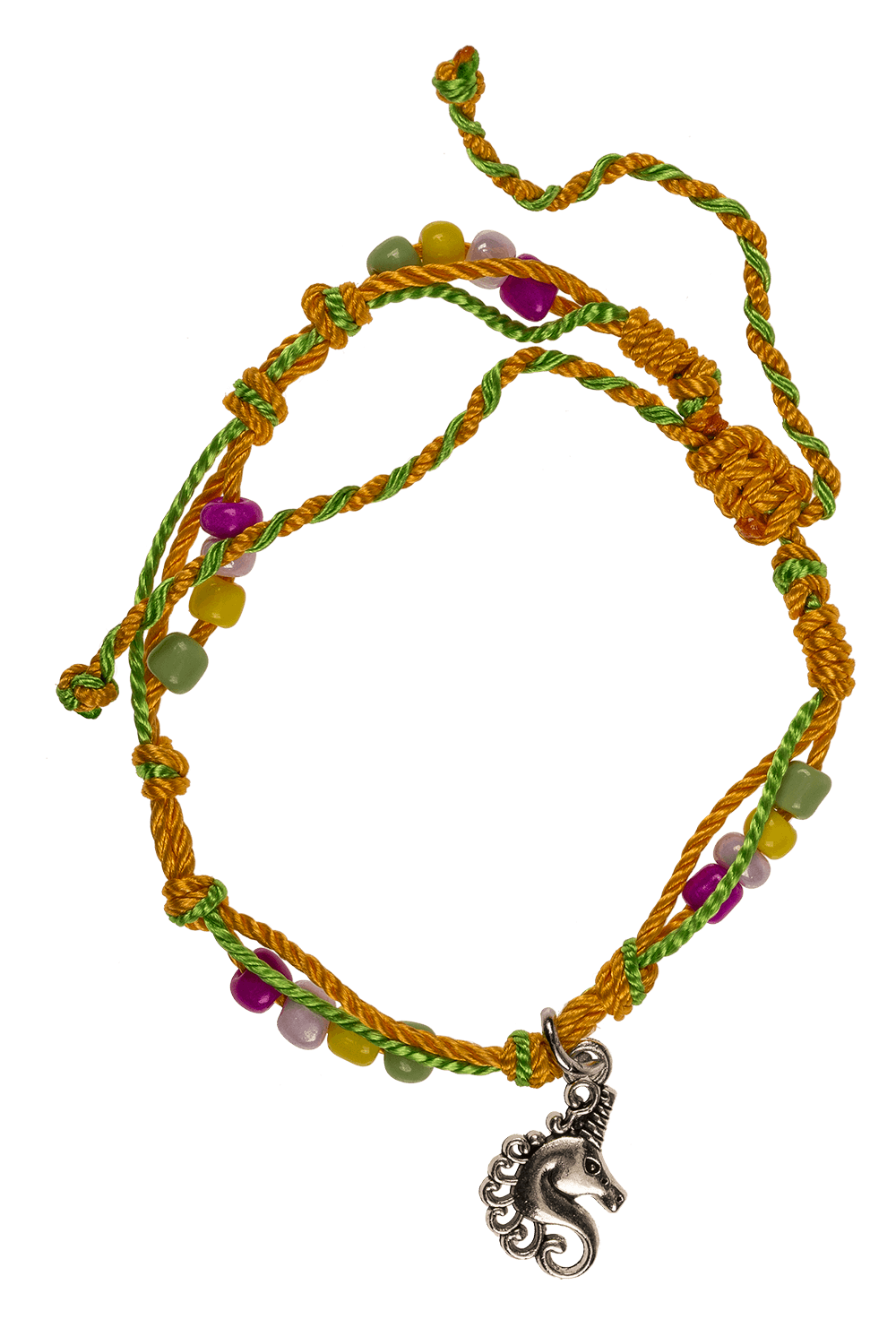 Textile bracelet with glass beads & metal pendant,