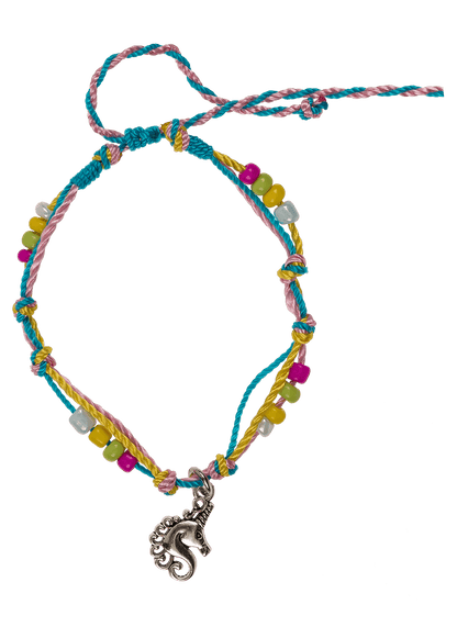 Textile bracelet with glass beads & metal pendant,