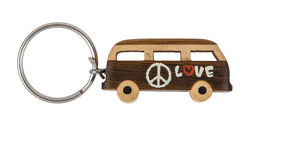 Metal keychain, Natural wood Hippie Van,